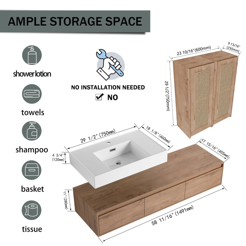 Modern Wall Mounted Bathroom Vanity With Resin Sink And 2 Side Cabinet, Imitative , Construction - Imitative Oak