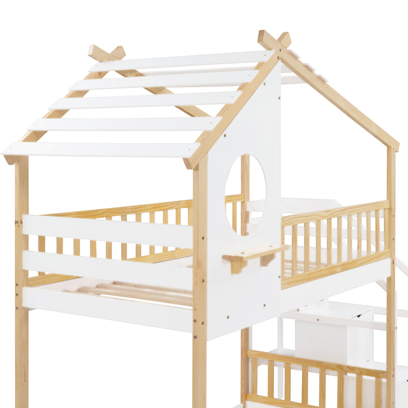 Stairway Twin-Over-Twin Bunk Bed,House Bed,Storage and Guard Rail,Natural Bed +White Stair(OLD SKU :LT000308AAK)