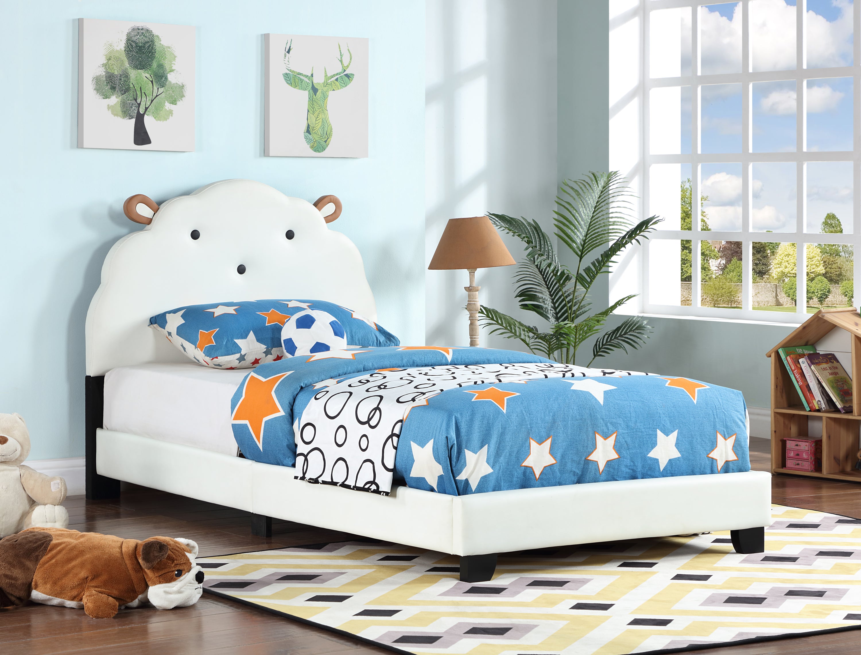 Upholstered Twin Size Platform Bed for Kids, with Slatted Bed Base, No Box Spring Needed, White color, Sheep Design - Atlantic Fine Furniture Melbourne FL