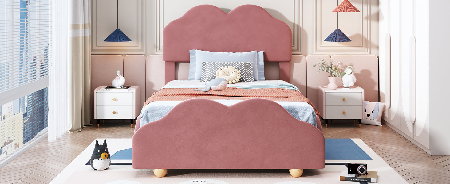 Twin Size Upholstered Platform Bed with Cloud Shaped bed board, Dark Pink - Atlantic Fine Furniture Melbourne FL