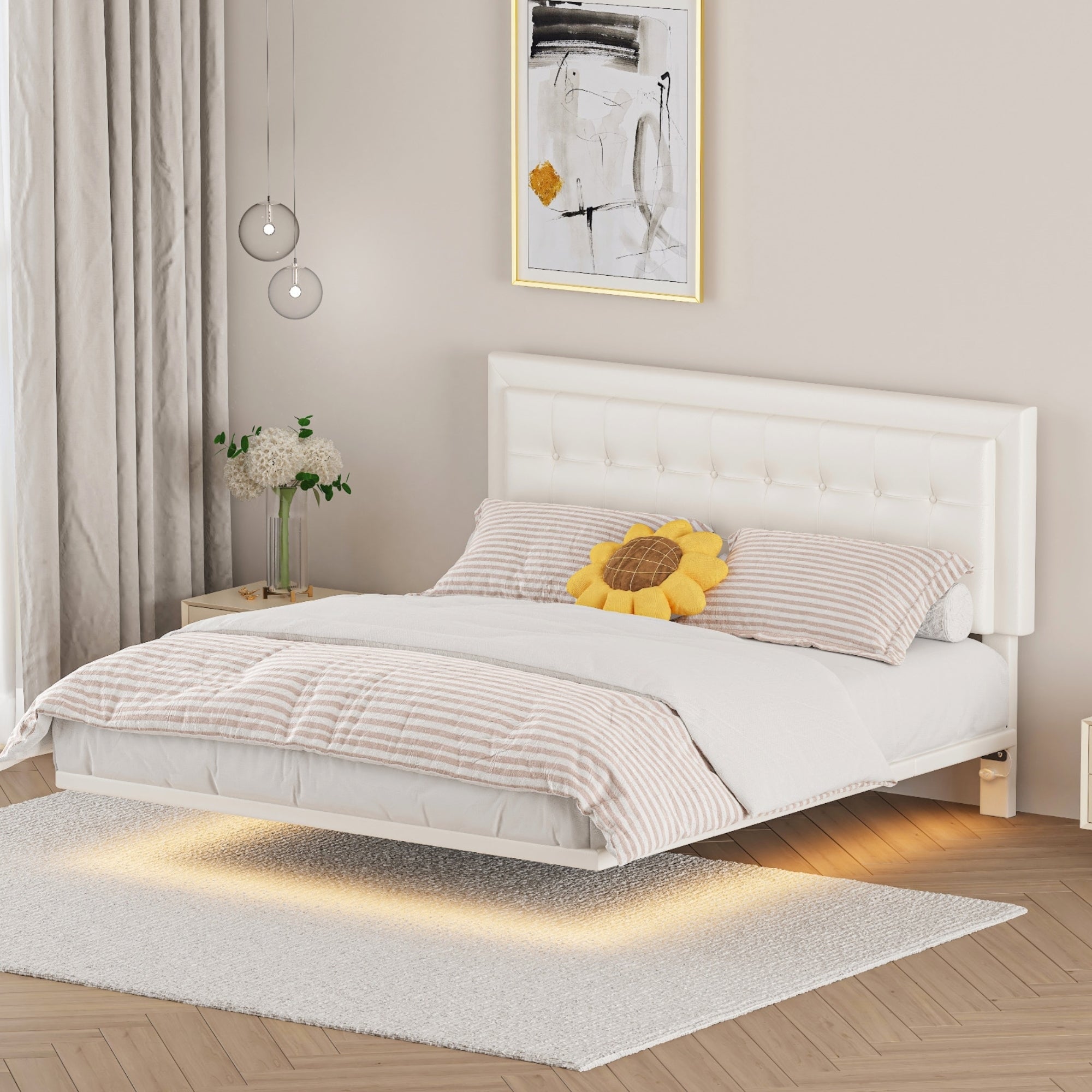 Queen Size Floating Bed Frame with Motion Activated Night Lights,Modern PU Upholstered Button Tufted Platform Bed Frame,White - Atlantic Fine Furniture Melbourne FL