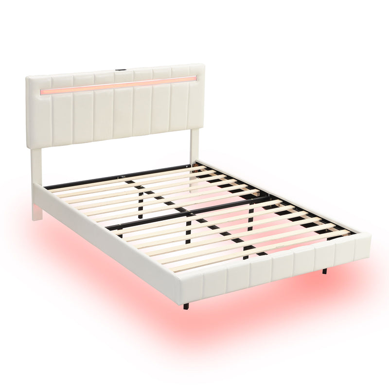 Queen Size Floating Bed Frame With LED Lights And USB Charging, Modern Upholstered Platform LED Bed Frame - White