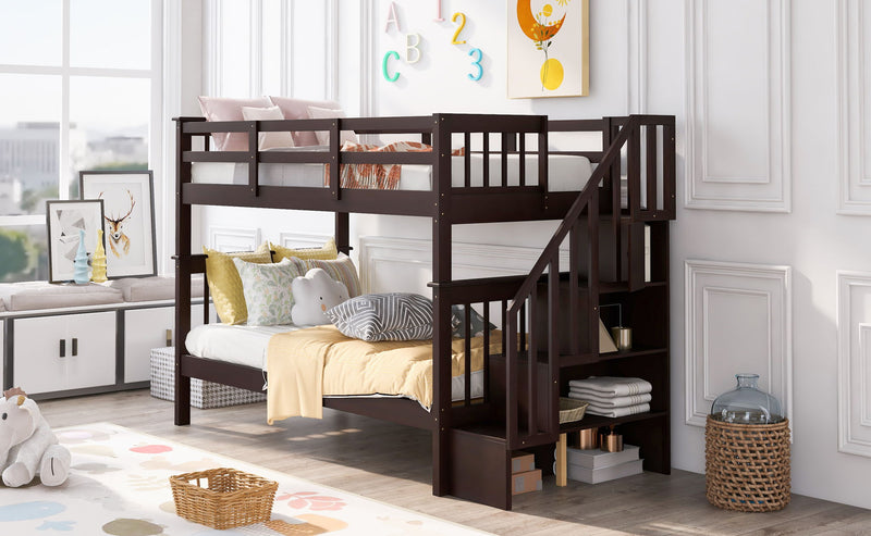 Stairway Bunk Bed With Storage And Guard Rail For Bedroom