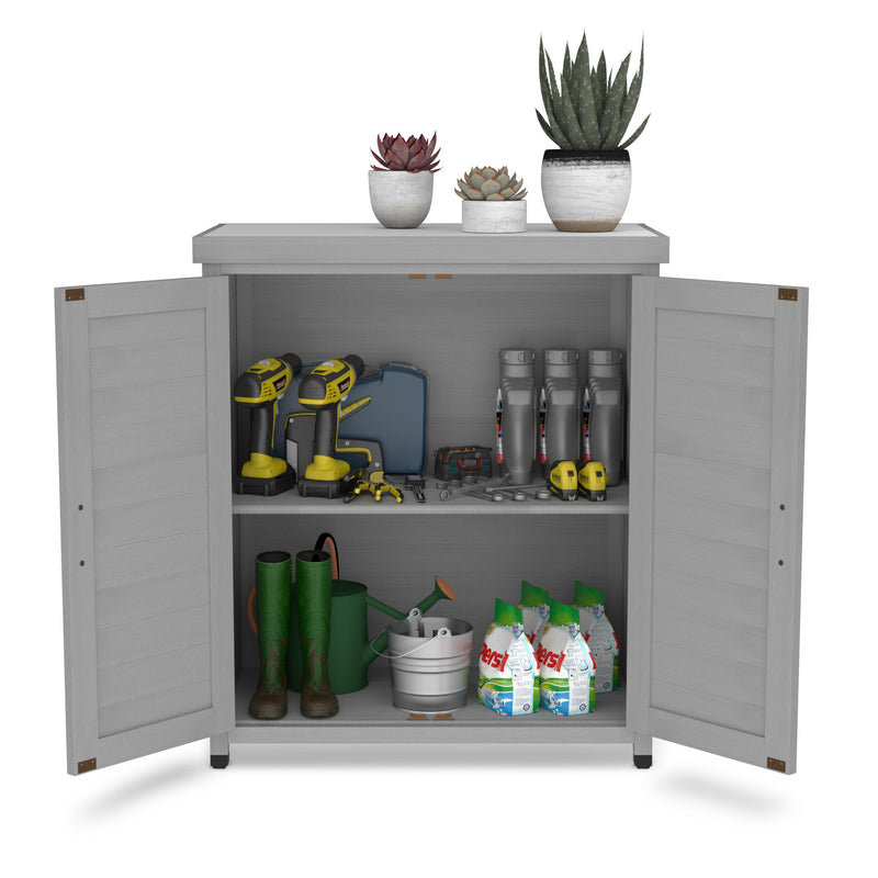 Rustic Cedar Wood Potting Bench With Storage Cabinet And Metal Top For Outdoor Patio - Gray