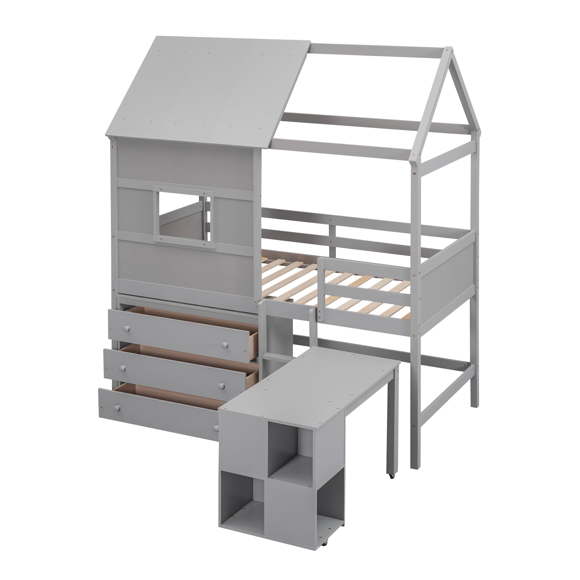 Twin Size House Loft Bed with Storage Desk and 3 Drawer Chest, Gray - Atlantic Fine Furniture Melbourne FL