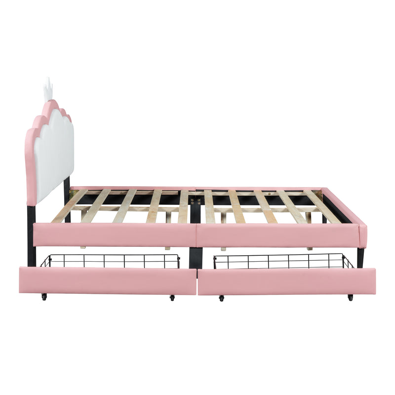 Full Size Princess Bed With Crown Headboard and 2 Drawers, Full size Platform Bed with Headboard and Footboard,White+Pink