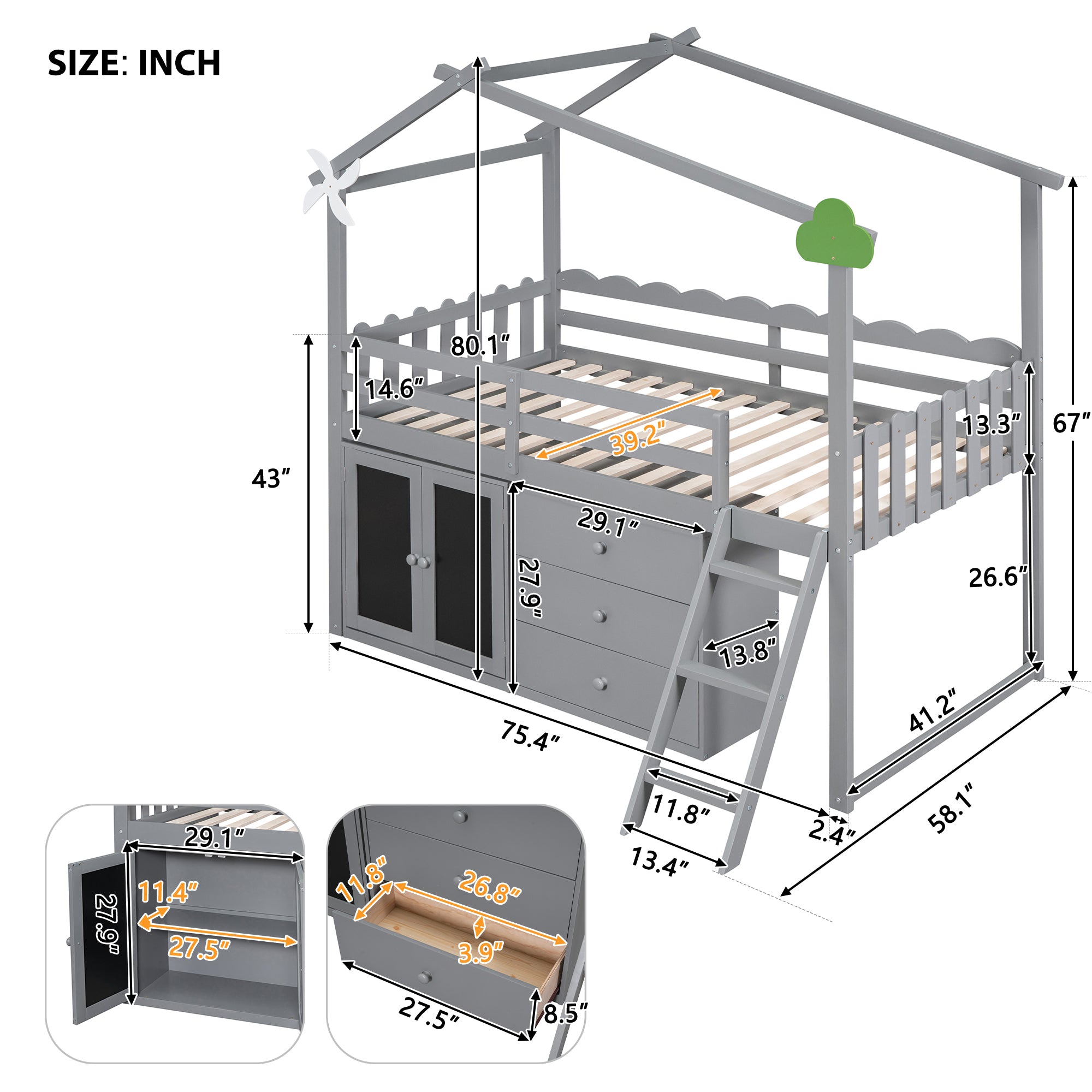 Twin Size House Bed With Cabinet and Drawers, Gray - Atlantic Fine Furniture Melbourne FL