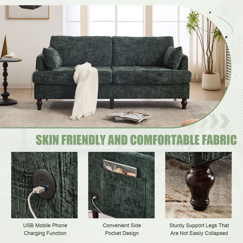 Chenille 2 Seater Sofa With LED Light, USB Charging Port, And Storage Bag
