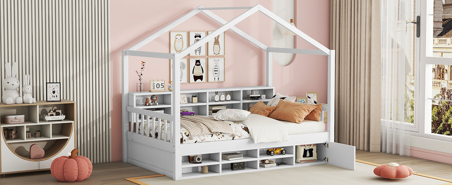 Twin Size Wooden House Bed with Shelves and a Mini-cabinet, White - Atlantic Fine Furniture Melbourne FL