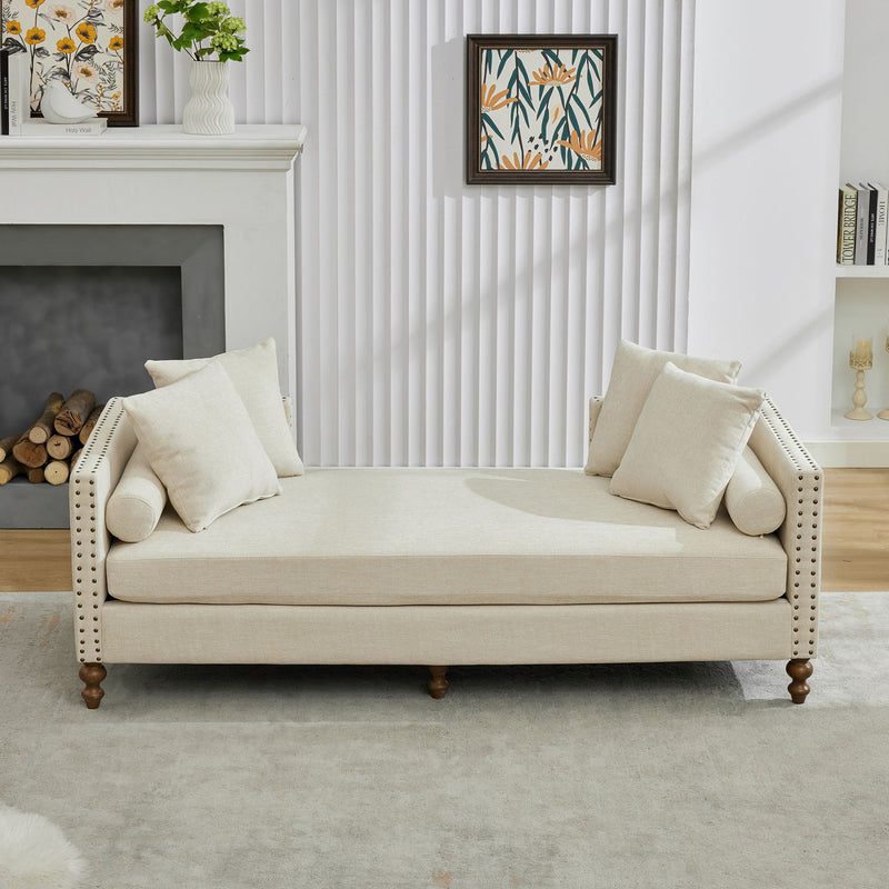 Upholstered Chaise Lounge Indoor With Nailheads, Sleeper Sofa Couch With 4 Throw Pillows & 2 Bolsters, Daybed With Rubberwood Legs