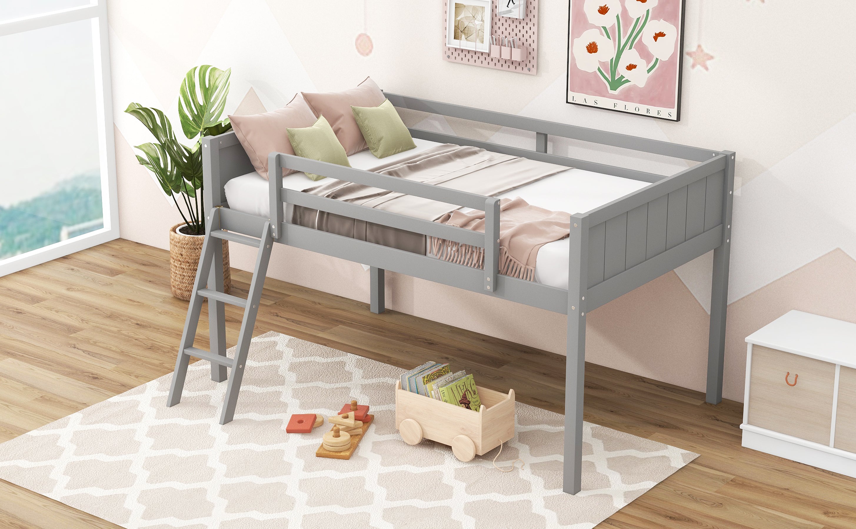 Twin Size Wood Loft Bed with Ladder, ladder can be placed on the left or right, Gray - Atlantic Fine Furniture Melbourne FL