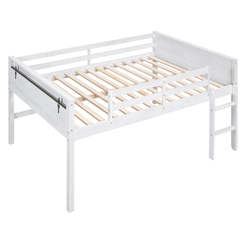 Wood Full Size Loft Bed with Hanging Clothes Racks, White