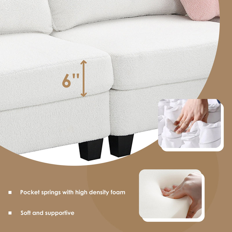 Modern Teddy Velvet Sectional Sofa, Charging Ports On Each Side, L-Shaped Couch With Storage Ottoman, 4 Seat Interior Furniture For Living Room, Apartment (3 Pillows)