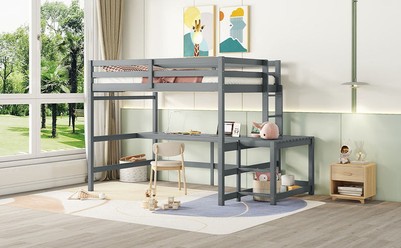 Loft Bed With Built-In Desk, Ladder Platform, Ladders, Guardrails