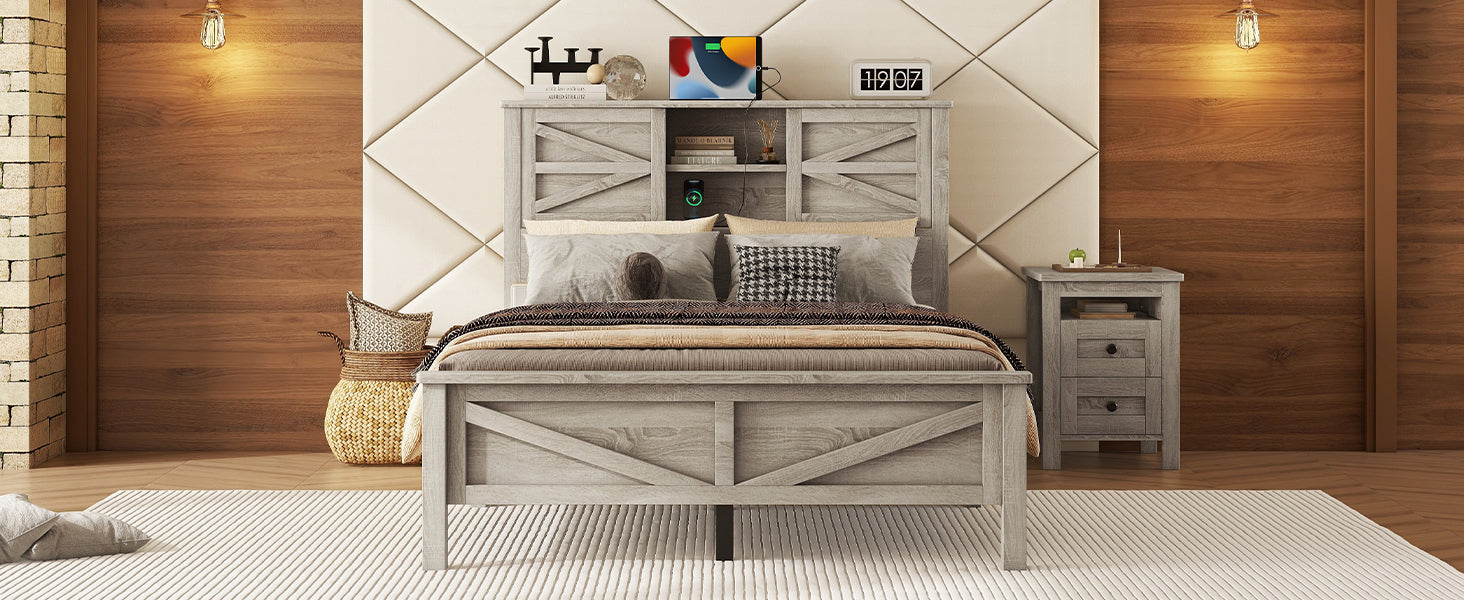 Farmhouse Platform Bed with Double Sliding Barn Door, Full Size Rustic Wood Bed with
Charging Station, Wood Slats Support, Antique Gray - Atlantic Fine Furniture Melbourne FL