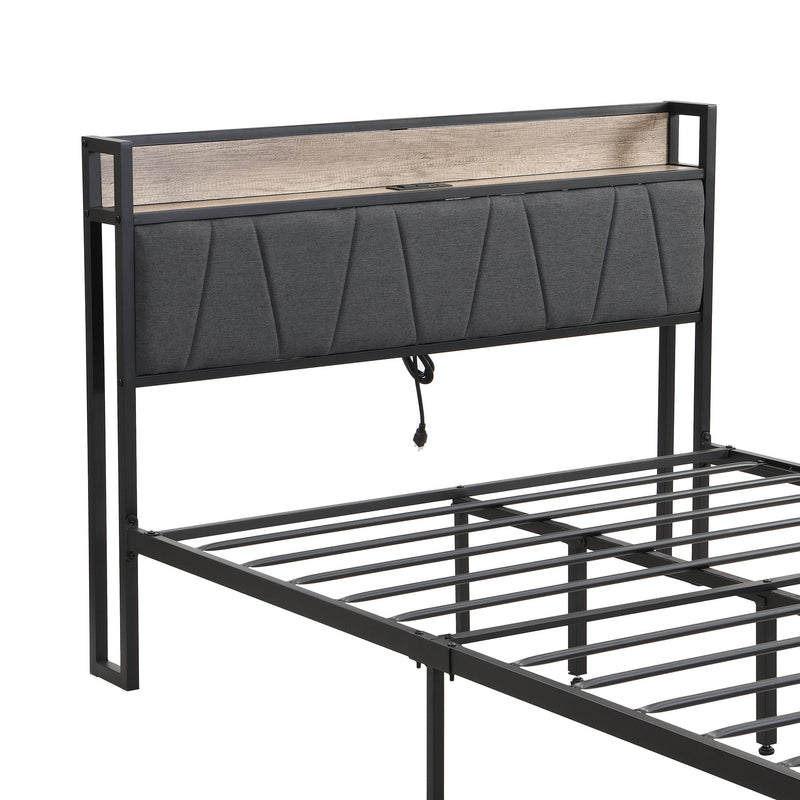 Modern Platform Bed Frame With Upholstered Storage Headboard, USB Ports