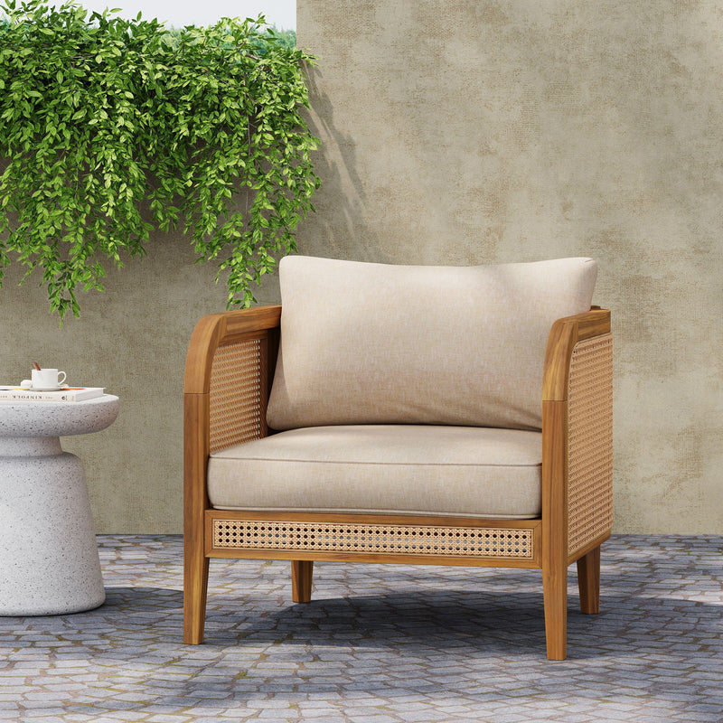 Kirkby - Bohemian Outdoor Patio Cushioned Arm Chair With Weatherproof Wooden Frame - Teak / Beige