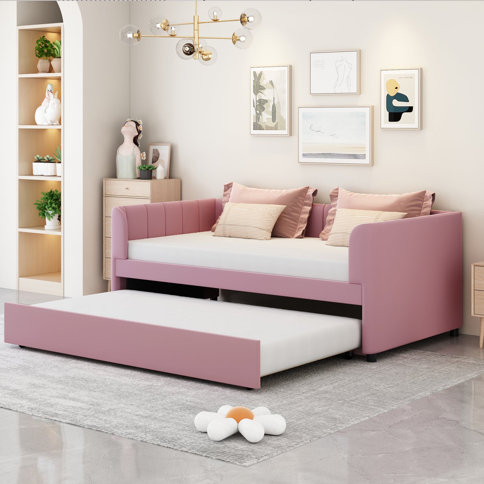 Twin Size Upholstered Daybed with Ergonomic Design Backrest and Trundle, Pink - Atlantic Fine Furniture Melbourne FL