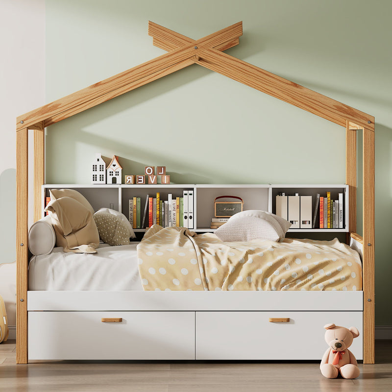 Full Size Wooden House Bed Original Wood Colored Frame With Two Drawers And Bookshelf Storage Space For Children Or Guest Room - White