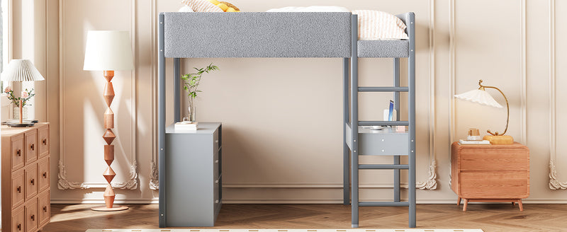 Full Size Teddy FleeceLoft Bed Wood Bed, Gray