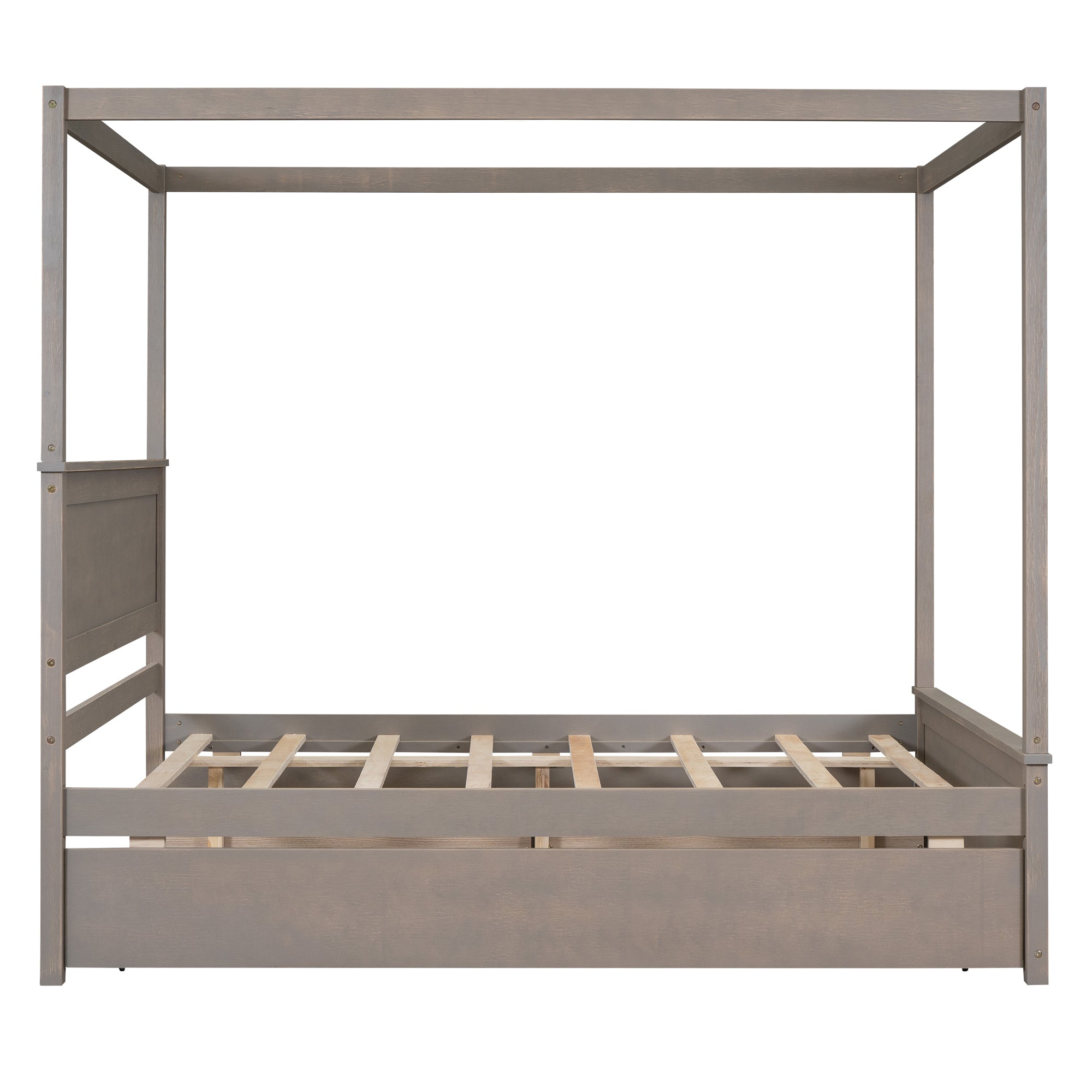 Wood Canopy Bed with Trundle Bed and two Drawers ,Full Size Canopy Platform bed With Support Slats .No Box Spring Needed, Brushed Light Brown - Atlantic Fine Furniture Melbourne FL