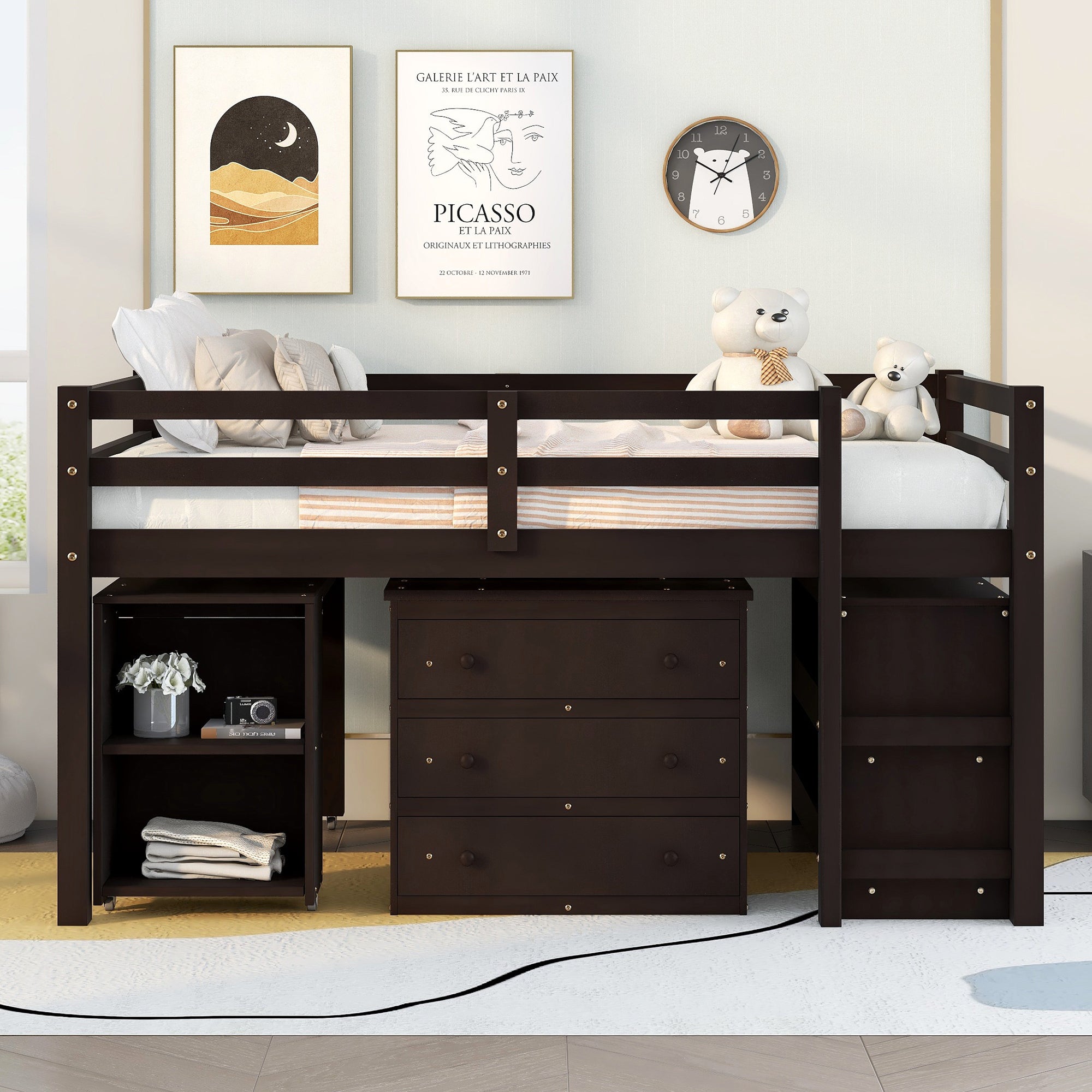 Low Study Full Loft Bed with Cabinet ,Shelves and Rolling Portable Desk ,Multiple Functions Bed- Espresso - Atlantic Fine Furniture Melbourne FL