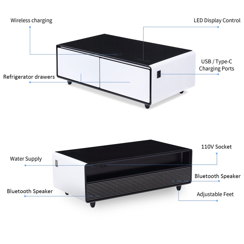 Modern Smart Coffee Table With Built-In Fridge, Bluetooth Speaker, Wireless Charging Module, Touch Control Panel, Power Socket, USB Interface, Outlet Protection, Atmosphere Light