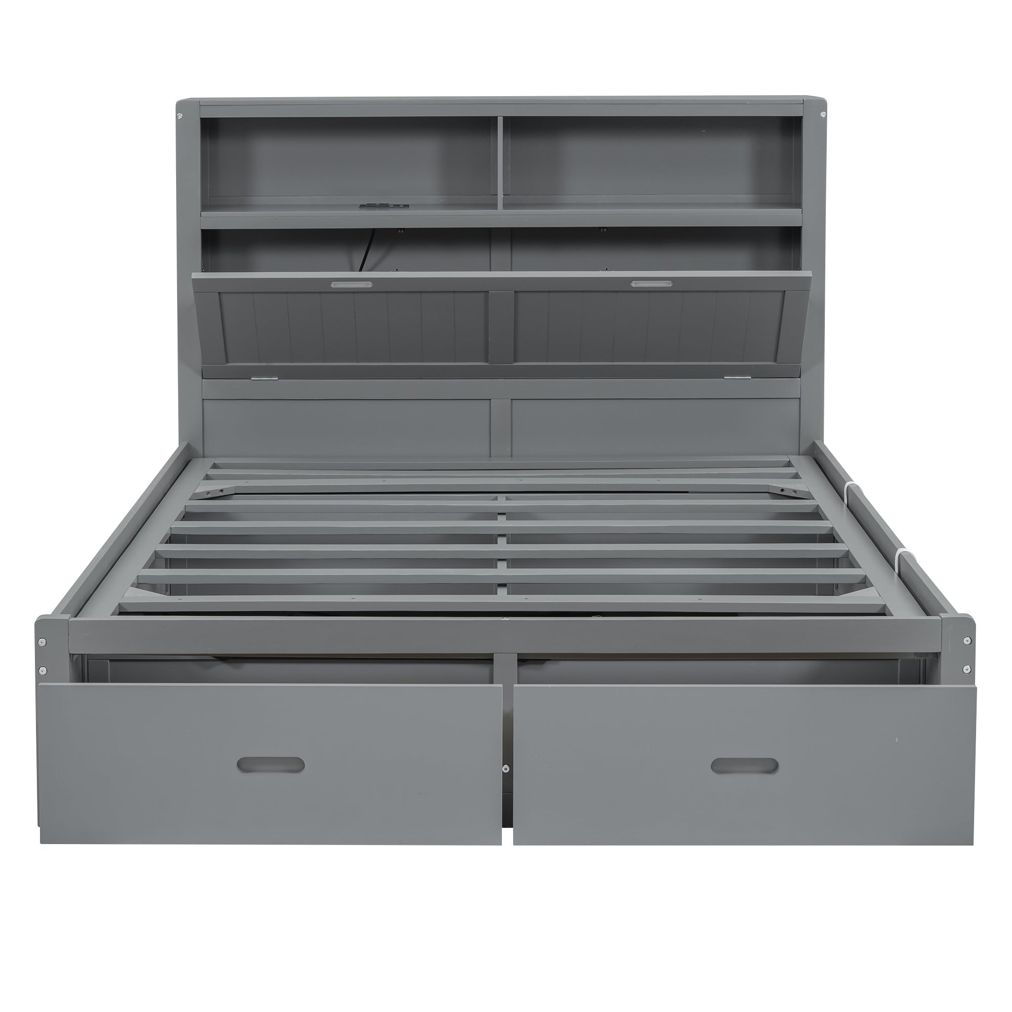 Wood Full Size Hydraulic Platform Bed with Storage LED Headboard, Charging Station and 2 Drawers, Gray - Atlantic Fine Furniture Melbourne FL