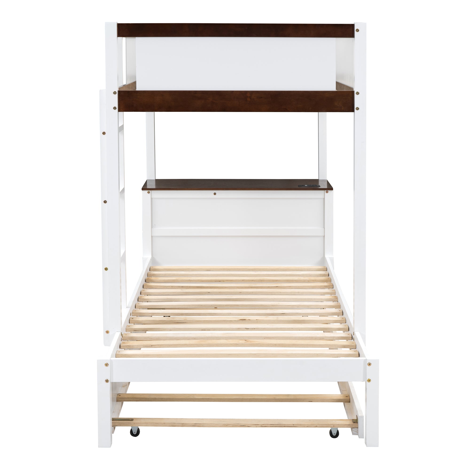 Twin-Over-Twin Bunk Bed with Twin size Trundle, Storage and Desk, White+Walnut - Atlantic Fine Furniture Melbourne FL