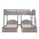 Full Over Twin & Twin Bunk Bed, Velvet Triple Bunk Bed with Drawers and Guardrails, Gray