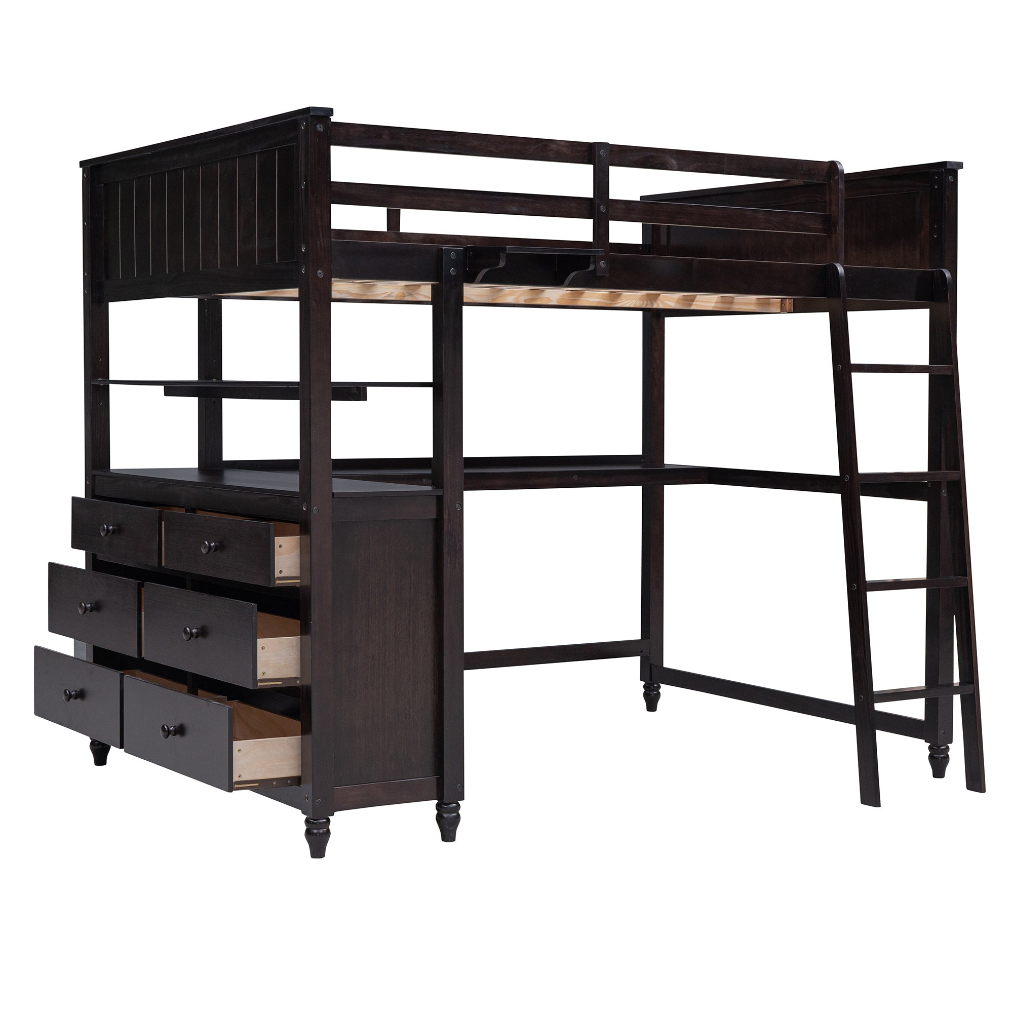 Full size Loft Bed with Drawers and Desk, Wooden Loft Bed with Shelves - Espresso(OLD SKU:LT001529AAP) - Atlantic Fine Furniture Melbourne FL