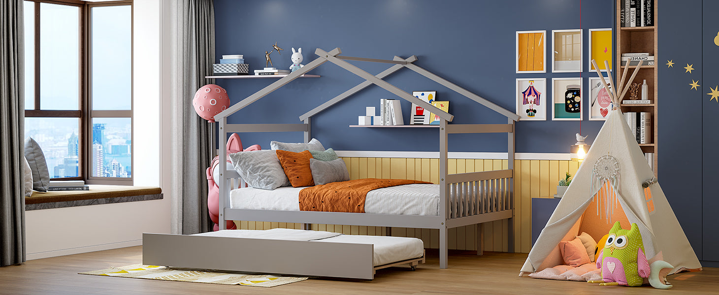 Full Size Wooden House Bed with Twin Size Trundle, Gray - Atlantic Fine Furniture Melbourne FL