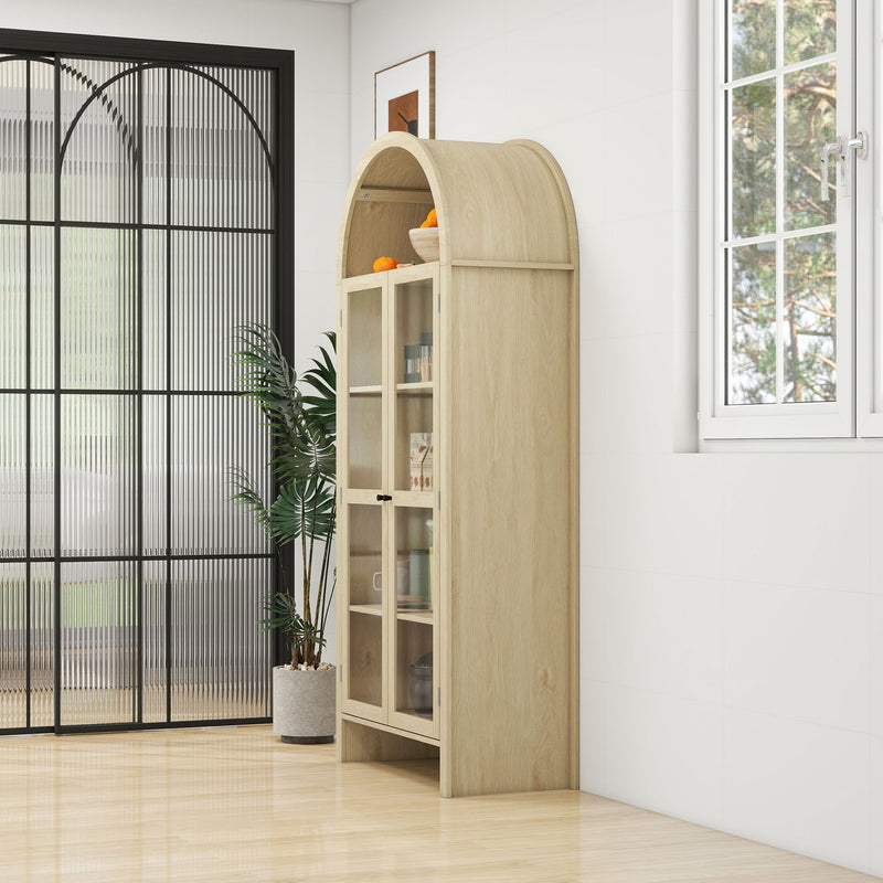 Tall Arched Kitchen Pantry, Modern Farmhouse Wood Kitchen Storage Cabinets, Arched Storage Display Cabinet With Adjustable Shelves, Versatile Cupboard For Kitchen, Dining Room - Natural
