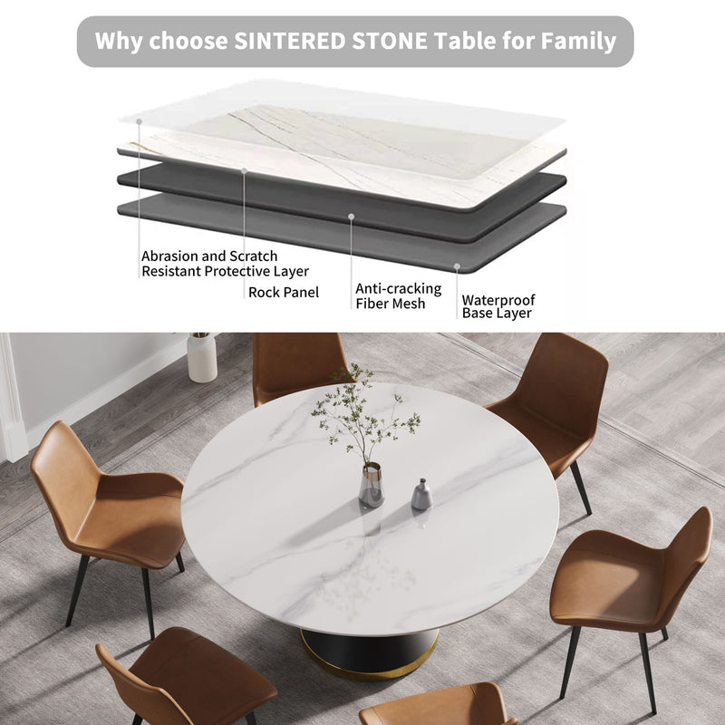 Modern Artificial Stone Round Carbon Steel Base Dining Table, Can Accommodate 6 People