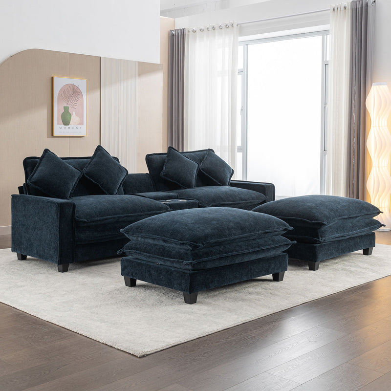 Sectional Sofa Chenille Upholstered Sofa With Two Removable Ottoman, Two USB Ports, Two Cup Holders And Large Storage Box For Living Room