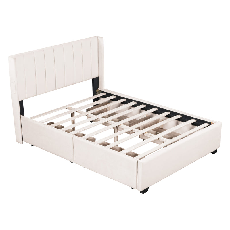Full Size Upholstered Bed with 4 Drawers, Beige