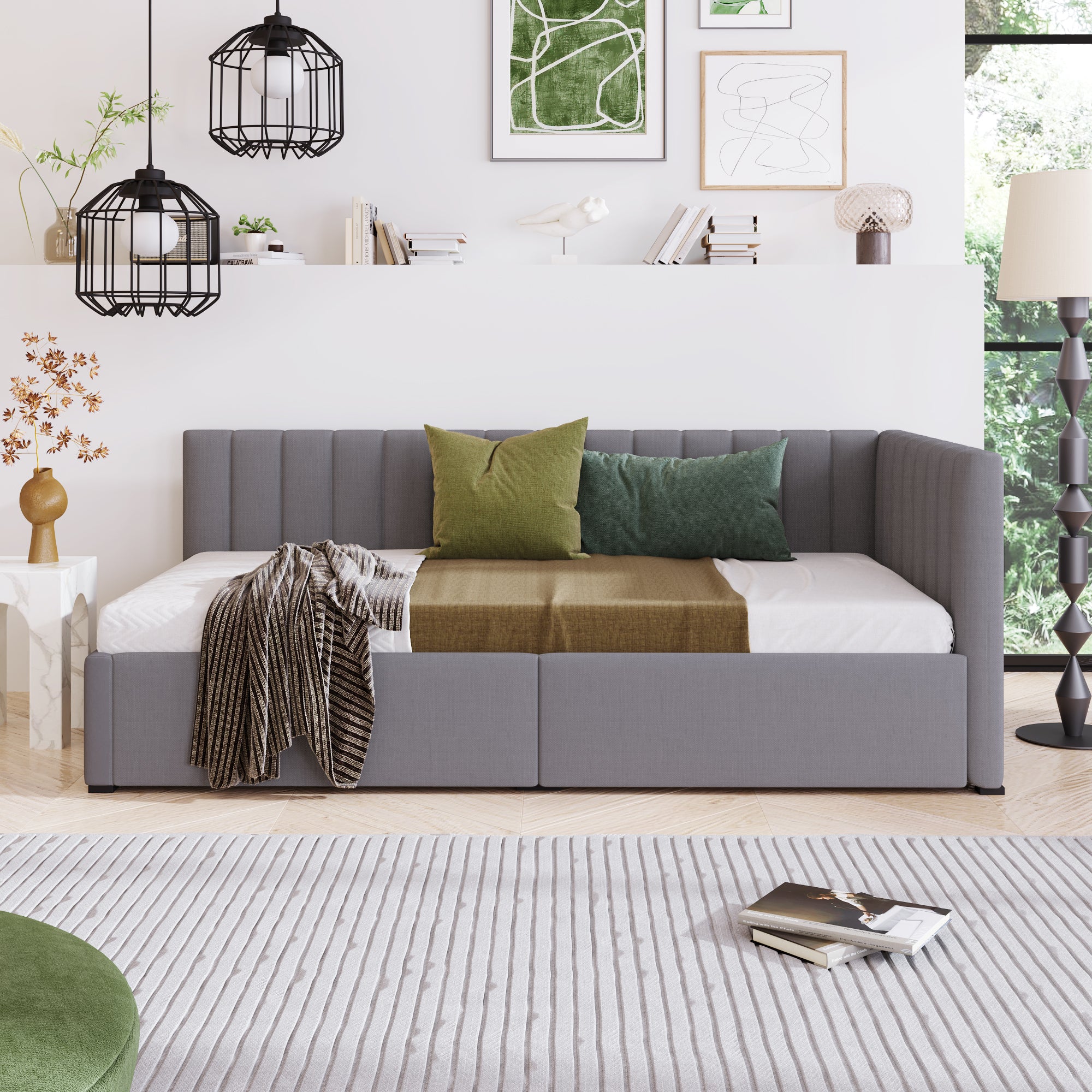 Upholstered Daybed with 2 Storage Drawers Twin Size Sofa Bed Frame No Box Spring Needed, Linen Fabric (Gray) - Atlantic Fine Furniture Melbourne FL
