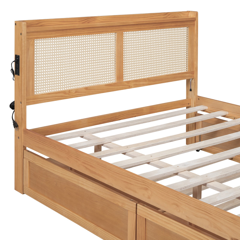 Full Size Elegant Bed Frame with Rattan Headboard and Sockets ,Walnut