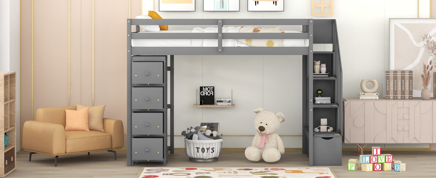 Twin size Loft Bed with Storage Drawers and Stairs, Wooden Loft Bed with Shelves - Gray - Atlantic Fine Furniture Melbourne FL