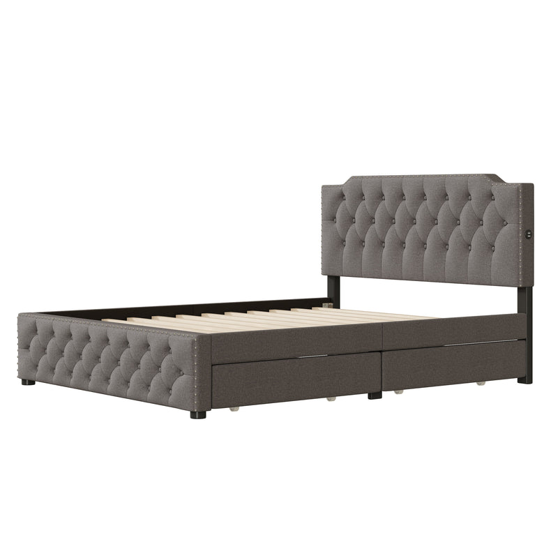 Upholstered Platform Bed With 2 Drawers And 2 Sets Of USB Ports On Each Side, Linen Fabric