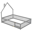 Full House-Shaped Headboard Floor Bed with Fence ,Grey
