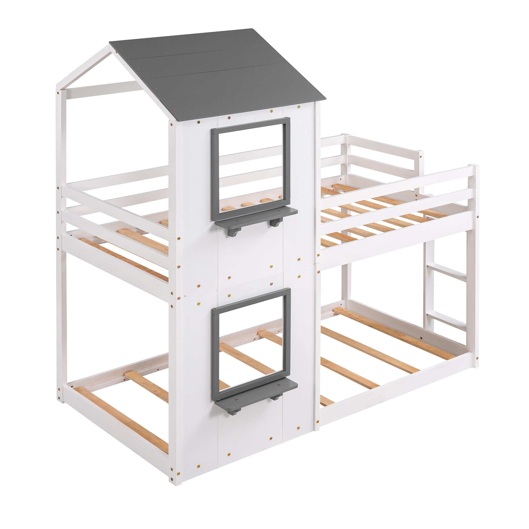 Twin Over Twin Bunk Bed Wood Bed with Roof, Window, Guardrail, Ladder (White)(OLD SKU :LP000056AAK) - Atlantic Fine Furniture Melbourne FL
