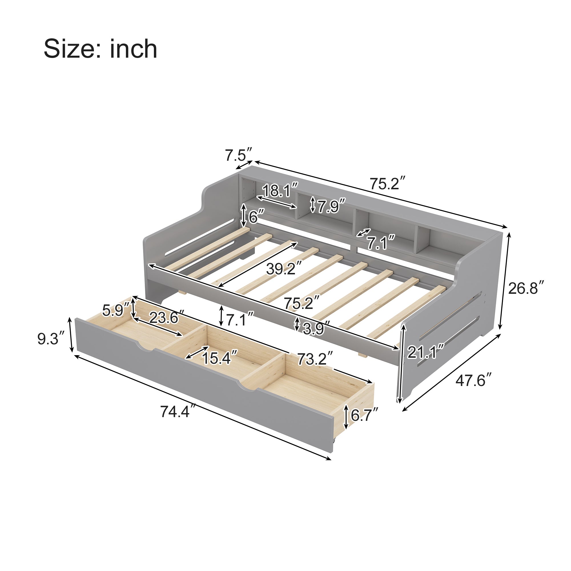 Twin Size Wooden Day Bed with 3 Trawers for Guest Room, Small Bedroom, Study Room, Gray - Atlantic Fine Furniture Melbourne FL