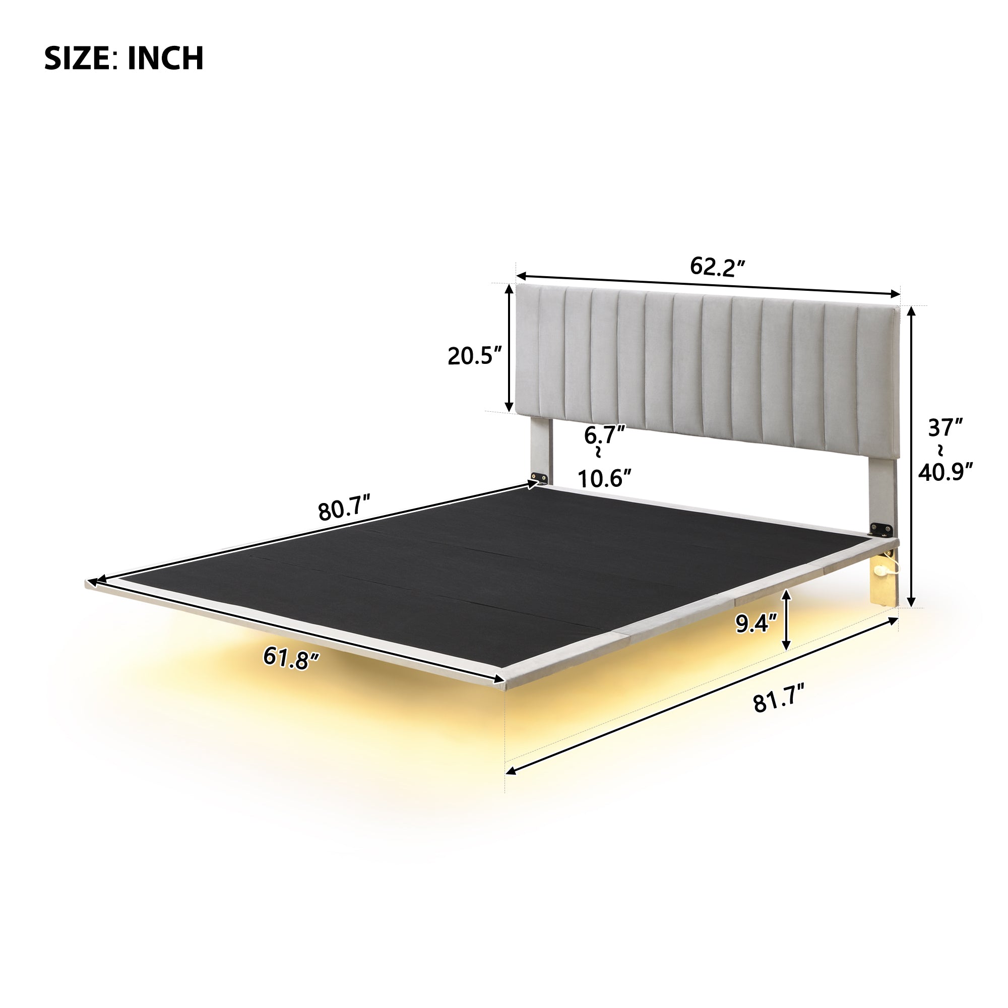 Queen Size Upholstered Bed with Sensor Light and Headboard, Floating Velvet Platform Bed, Gray - Atlantic Fine Furniture Melbourne FL