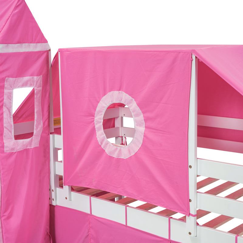 Twin Size Loft Bed with Tent and Tower - Pink