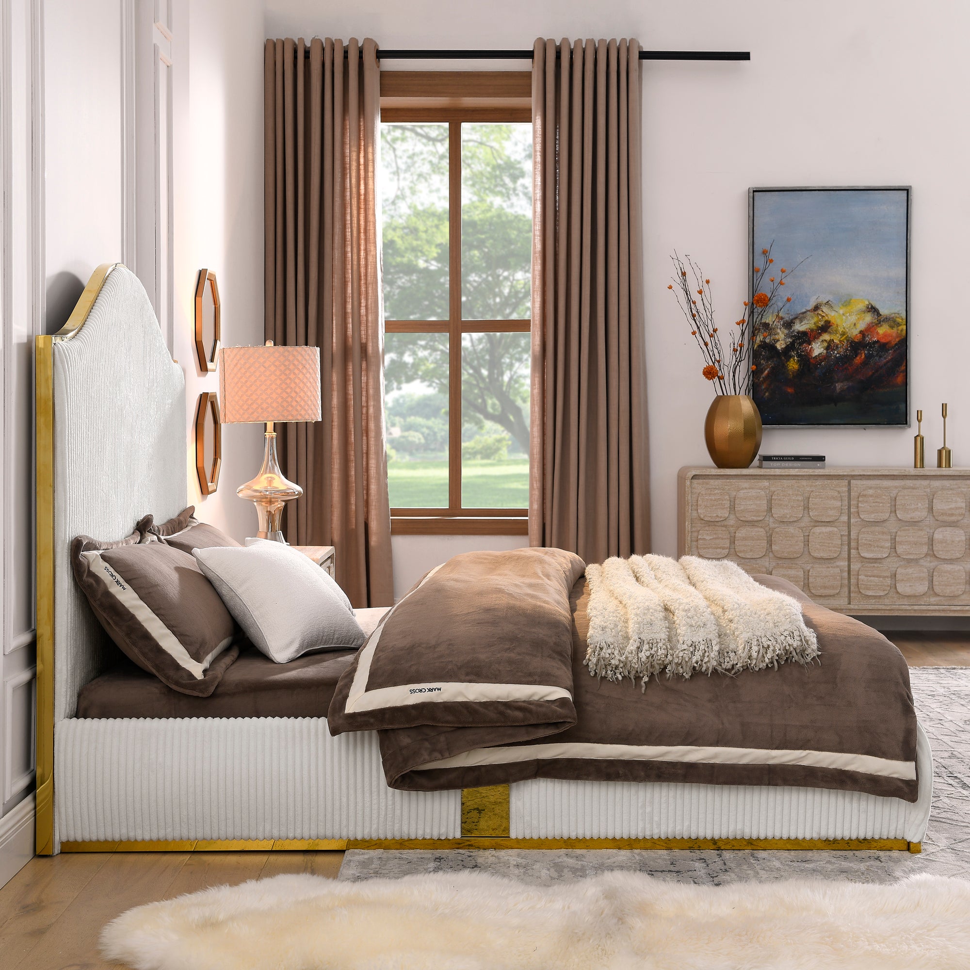Corduroy Upholstered Bed Frame Queen Size 59.5" Tall  Headboard Queen Bed Frame Metal Decoration /No Box Spring Needed - Atlantic Fine Furniture Melbourne FL