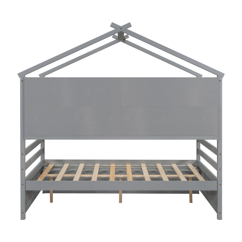 Full House Bed with Roof Frame, Bedside-shelves, Under Bed Storage Unit,Grey