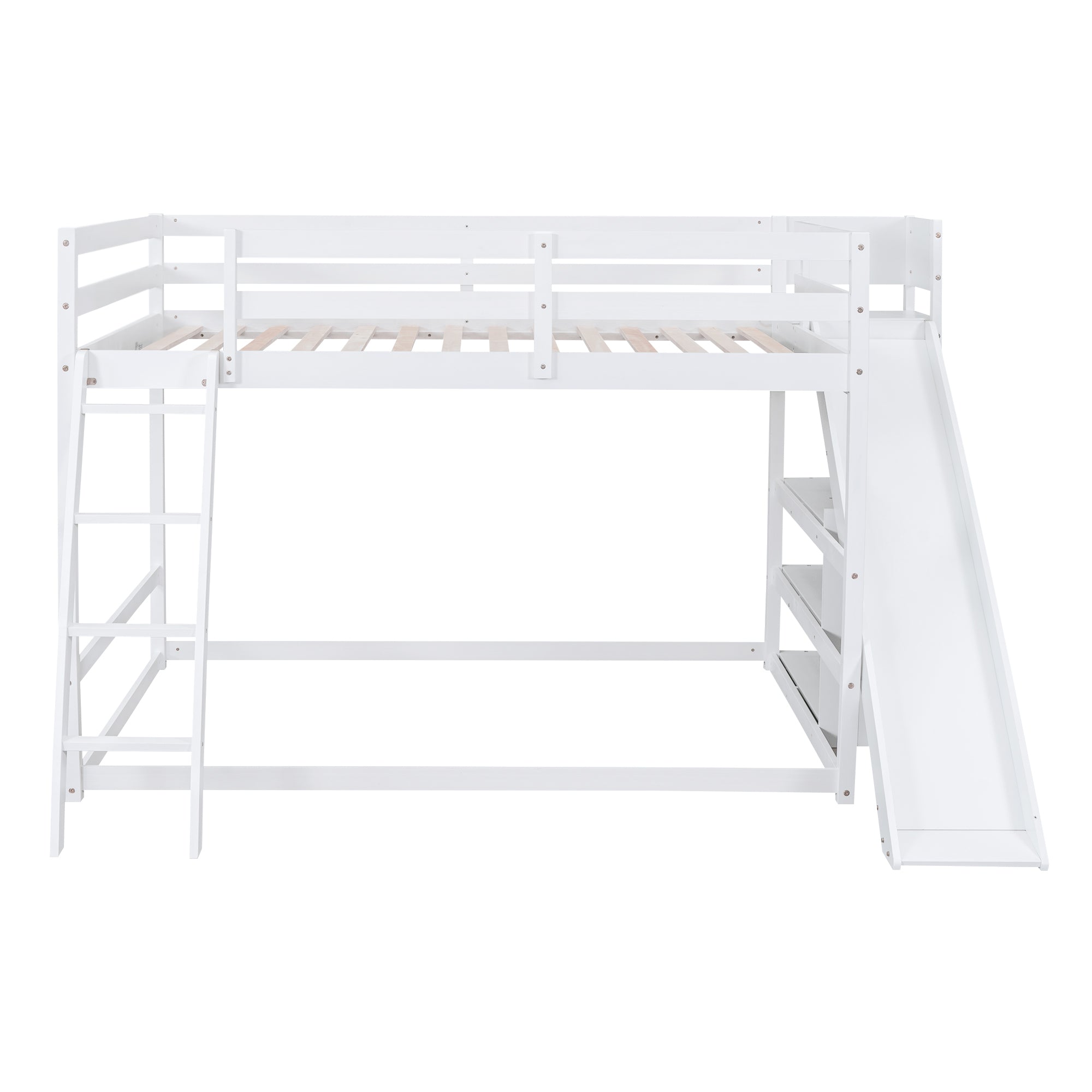 Full over Full Bunk Bed with Ladder, Slide and Shelves, White - Atlantic Fine Furniture Melbourne FL