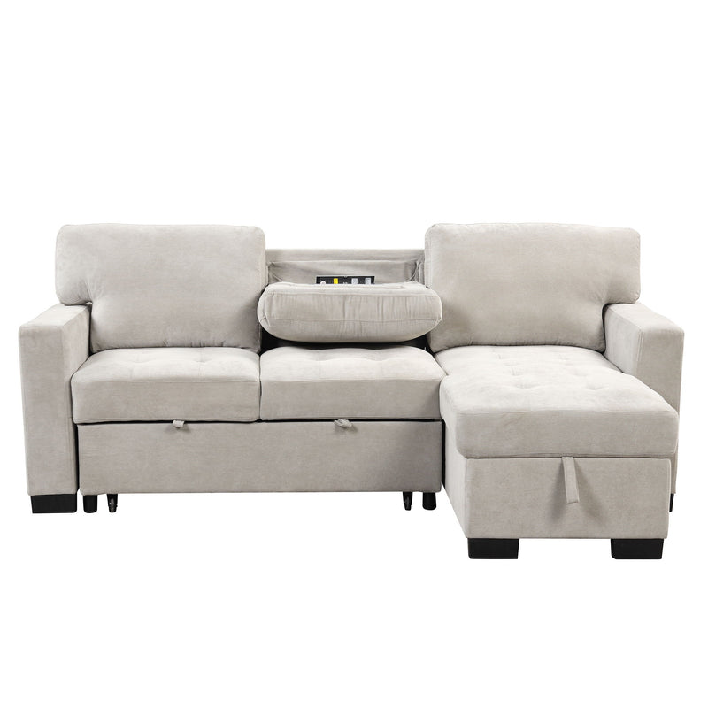 Stylish And Functional Light Chaise Lounge Sectional With Storage Rack Pull-Out Bed Drop Down Table And USB Charger