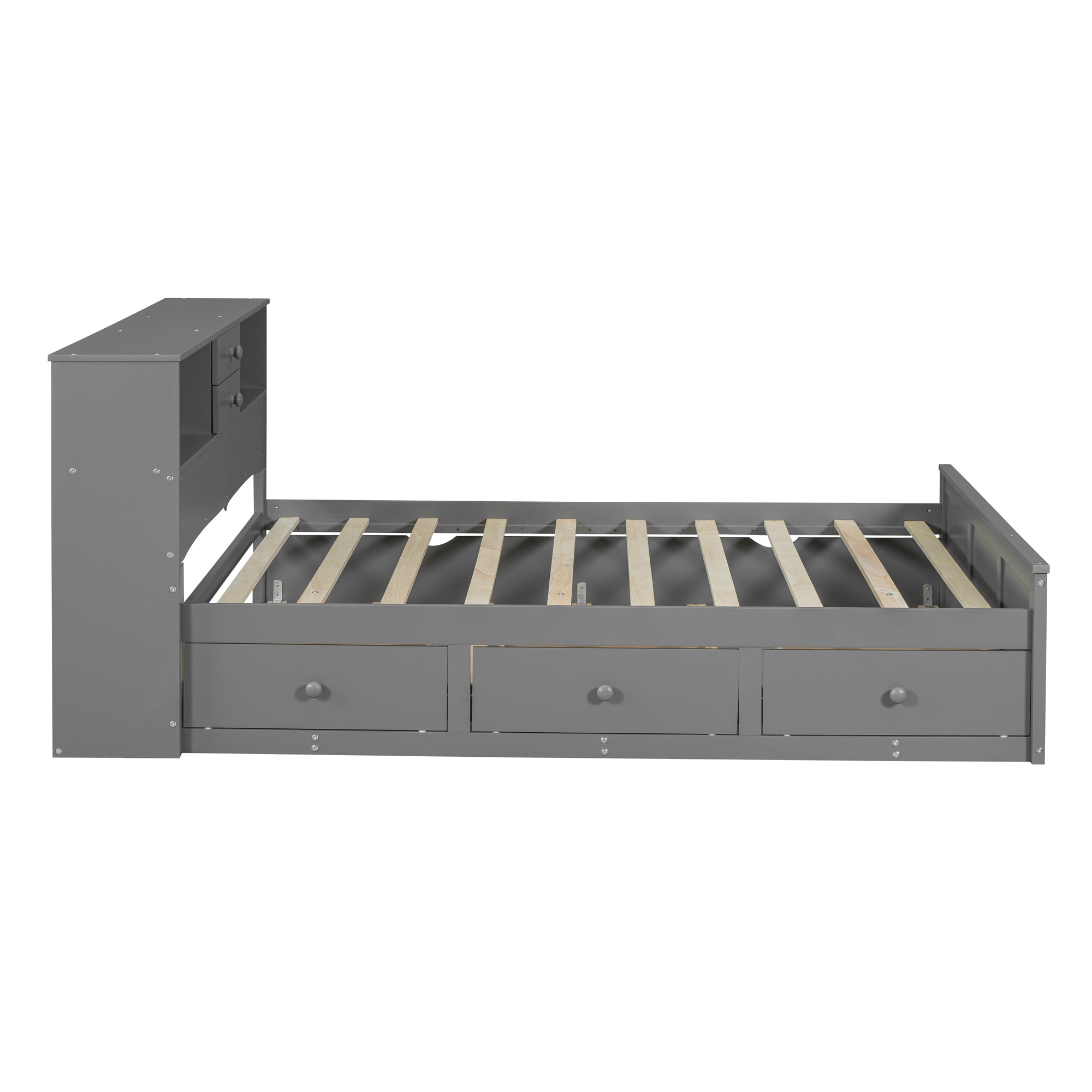 Full Size Wood Pltaform Bed with win Size Trundle, 3 Drawers, Upper Shelves and a set of USB Ports & Sockets, Gray - Atlantic Fine Furniture Melbourne FL